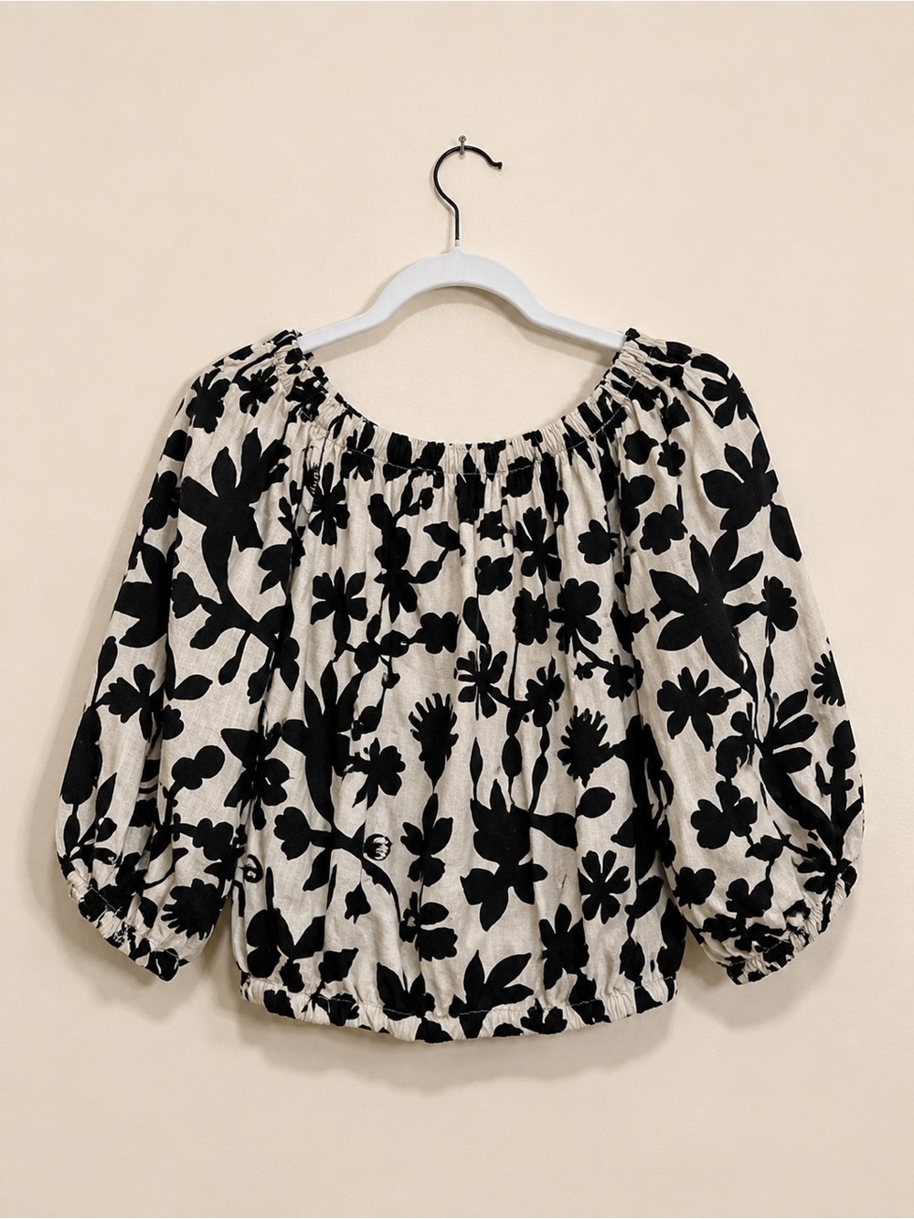 Atelier Nicole Miller Boho Floral Off-Shoulder Peasant Top - Black on Cream - Picture 3 of 4